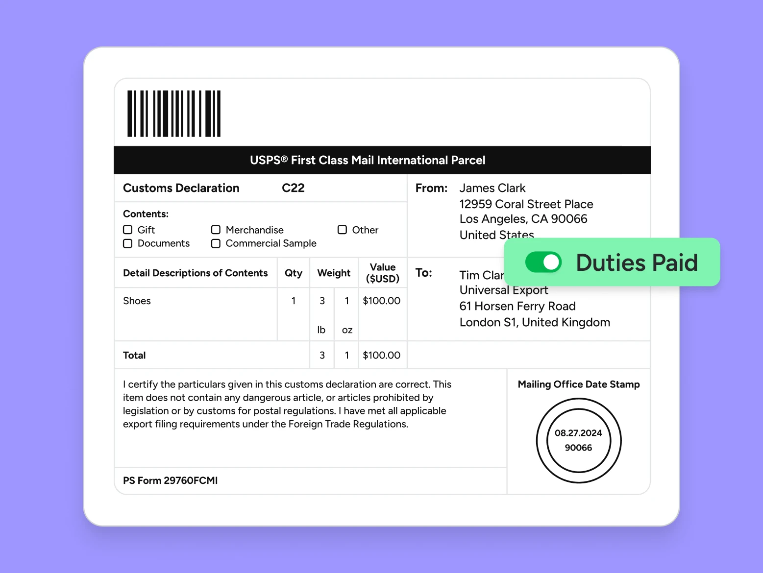 International parcel customs form with duties paid label